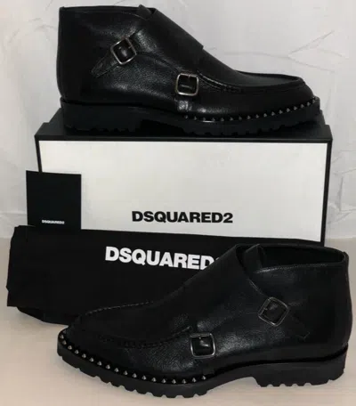 DSQUARED2 43/10 DSQUARED2 MADE IN ITALY MEN BLACK LEATHER STUDS BUCKLE RIDING BIKER BOOTS