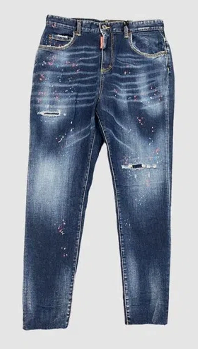 DSQUARED2 $820 DSQUARED2 WOMEN'S BLUE SPLATTER DISTRESSED TWIGGY JEANS PANTS IT 42/ US 6