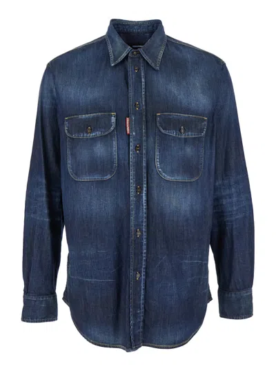 DSQUARED2 BLUE SHIRT WITH POINTED COLLAR AND ELBOW PATCHES IN DENIM MAN