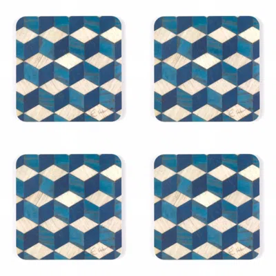 E. INDER DESIGNS BLUE / NEUTRALS FOUR COASTERS IN DEEP BLUES. MID CENTURY MODERN PADSTOW RANGE. HEAT PROOF MELAMINE.