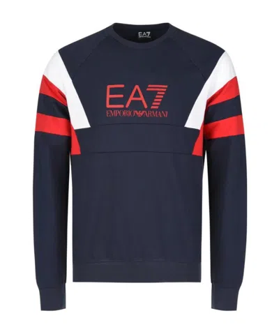 EA7 NAVY BLUE LOGO ROUND-NECKED SWEATER