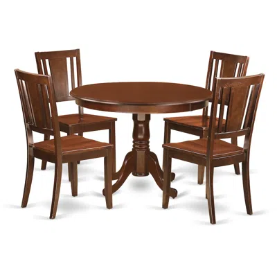EAST WEST FURNITURE 5 PC SET WITH A ROUND KITCHEN TABLE AND 4 WOOD DINETTE CHAIRS IN MAHOGANY