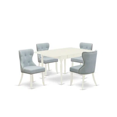 EAST WEST FURNITURE A WOODEN DINING TABLE SET OF 4 WONDERFUL DINING ROOM CHAIRS WITH LINEN FABRIC BABY BLUE COLOR AND A 
