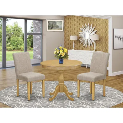 EAST WEST FURNITURE AMAB3-OAK-04 3 PIECE DINING TABLE SET - 1 WOODEN DINING TABLE AND 2 LIGHT TAN PADDED CHAIRS - OAK FI