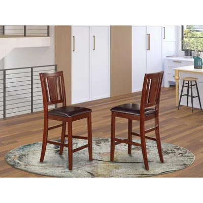 EAST WEST FURNITURE BUCKLAND COUNTER HEIGHT DINING CHAIR WITH LEATHER UPHOSTERED SEAT IN MAHOGANY FINISH, SET OF 2