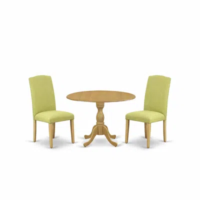 EAST WEST FURNITURE DMEN3-OAK-07 3 PIECE DINING ROOM SET - OAK SMALL DINING TABLE AND 2 LIMELIGHT LINEN FABRIC DINING RO