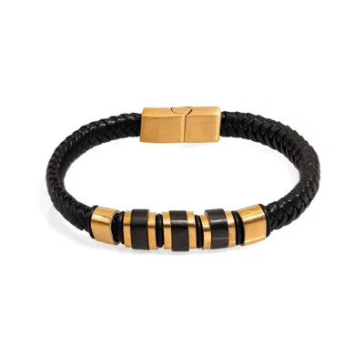 EBRU JEWELRY GOLD / BLACK MEN'S STYLE FASHION BLACK LEATHER & GOLD BRACELET - BLACK