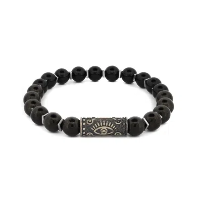 EBRU JEWELRY MEN'S BLACK / SILVER BLACK ONYX STONE & STERLING SILVER UNIQUE EVIL EYE SYMBOL BEADED BRACELET - BLA