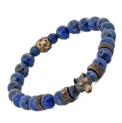 EBRU JEWELRY MEN'S BLUE / SILVER LAPIS LAZULI STONE POWERFUL WOLF COURAGE BEADED BRACELET - BLUE