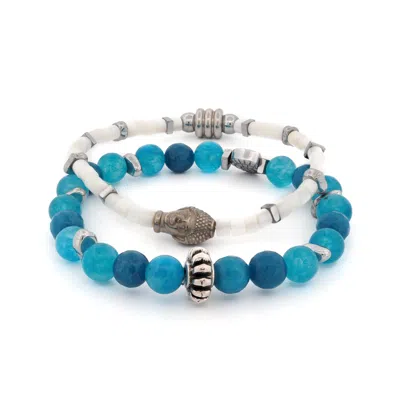 EBRU JEWELRY MEN'S BLUE / WHITE / SILVER OCEAN ZEN BLUE JADE & WHITE PEARL MEN’S BRACELET SET - BLUE