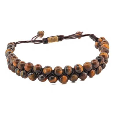 EBRU JEWELRY MEN'S GOLD / BLACK / BROWN TIGER'S EYE STONE TWO ROW BEADED WOVEN BRACELET - BROWN