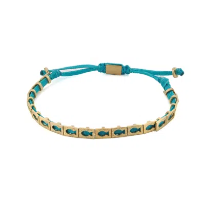EBRU JEWELRY MEN'S GOLD / BLUE LUCKY FISH TURQUOISE WOVEN UNISEX STRING BRACELET - TURQUOISE