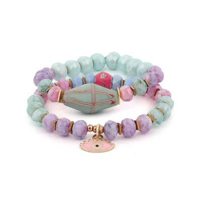 EBRU JEWELRY WOMEN'S BLUE / PINK PASTEL COLORS BEADED EVIL EYE PENDANT SPRING BRACELET SET - MULTICOLOUR