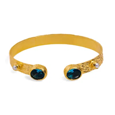 EBRU JEWELRY WOMEN'S GOLD / BLUE / WHITE CLEOPATRA BLUE TOPAZ & PEARL ADJUSTABLE GOLD CUFF BRACELET - BLUE