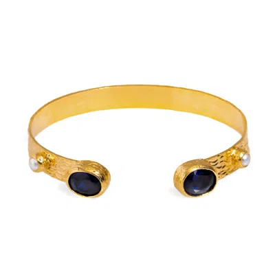 EBRU JEWELRY WOMEN'S GOLD / BLUE / WHITE CLEOPATRA SAPPHIRE & PEARL ADJUSTABLE GOLD CUFF BRACELET - BLUE
