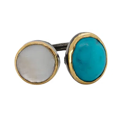 EBRU JEWELRY WOMEN'S GOLD / BLUE / WHITE DOUBLE GEMSTONE STERLING SILVER RING - TURQUOISE -