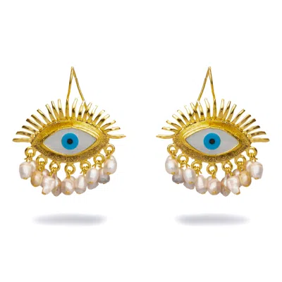 EBRU JEWELRY WOMEN'S GOLD / BLUE / WHITE EYES ON YOU GOLD & PEARL CHUNKY EVIL EYE EARRINGS - BLUE