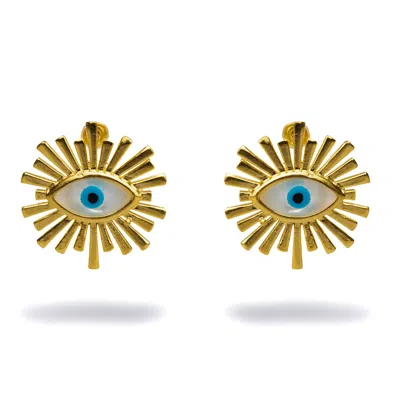EBRU JEWELRY WOMEN'S GOLD / BLUE / WHITE GUARDIAN AURA CHUNKY GOLD & PEARL EVIL EYE STUD EARRINGS - BLUE