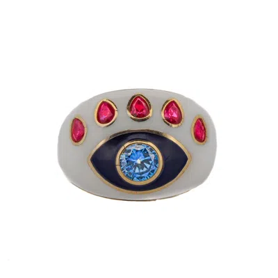 EBRU JEWELRY WOMEN'S WHITE / GOLD / BLUE GUARDIAN BLUE TOPAZ & RUBY EVIL EYE WHITE ENAMEL ADJUSTABLE RING - WHITE