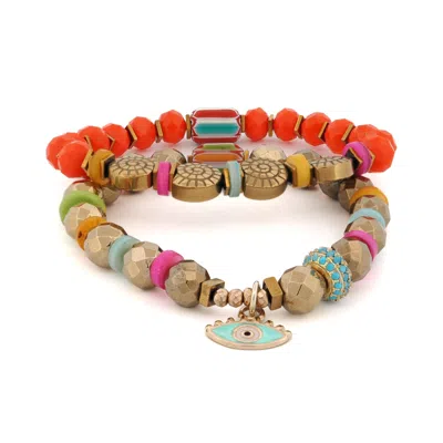 EBRU JEWELRY WOMEN'S YELLOW / BLUE SUNSET BREEZE EVIL EYE BEADED BRACELET SET - MULTICOLOUR