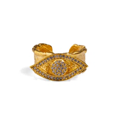 EBRU JEWELRY WOMEN'S DIAMOND EVIL EYE DESIGN GOLD ADJUSTABLE STATEMENT RING - GOLD