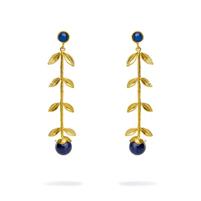 EBRU JEWELRY WOMEN'S GOLD / BLUE BOHEMIAN ELEGANCE GOLD LEAF & LAPIS LAZULI STONE DANGLE EARRINGS - BLUE
