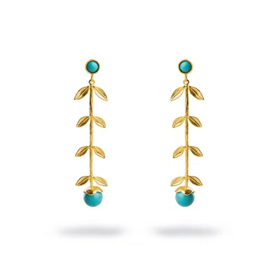 EBRU JEWELRY WOMEN'S GOLD / BLUE BOHEMIAN ELEGANCE GOLD LEAF & TURQUOISE STONE DANGLE EARRINGS - TURQUOISE