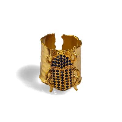 EBRU JEWELRY WOMEN'S GOLD / BLUE EGYPTIAN SYMBOL SCARAB BEETLE SAPPHIRE & GOLD CHUNKY RING - BLUE
