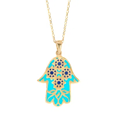 EBRU JEWELRY WOMEN'S GOLD / BLUE FLORAL HAMSA HAND PENDANT TURQUOISE & GOLD NECKLACE - TURQUOISE