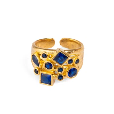 EBRU JEWELRY WOMEN'S GOLD / BLUE SAPPHIRE STONE DESIGN & GOLD ADJUSTABLE STATEMENT RING - BLUE