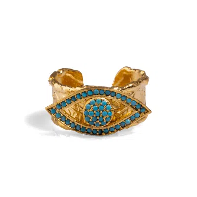 EBRU JEWELRY WOMEN'S GOLD / BLUE TURQUOISE EVIL EYE DESIGN GOLD ADJUSTABLE STATEMENT RING - BLUE