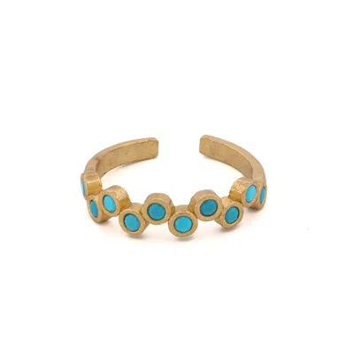 EBRU JEWELRY WOMEN'S GOLD / BLUE TURQUOISE STONE & GOLD ZIG ZAG STACKABLE ADJUSTABLE RING - TURQUOISE