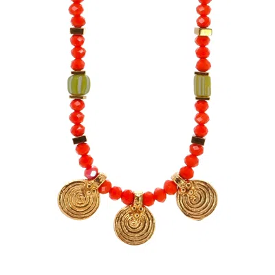 EBRU JEWELRY WOMEN'S GOLD / BLUE / RED VIBRANT ENERGY GOLD SPIRAL CHARM CHOKER NECKLACE - RED