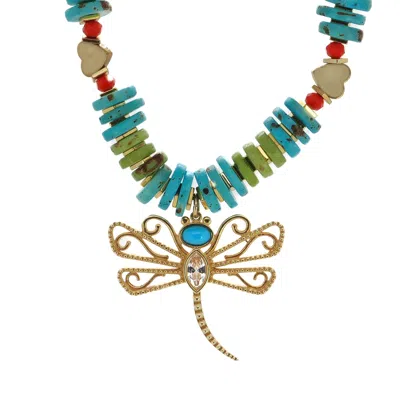 EBRU JEWELRY WOMEN'S GOLD / GREEN / BLUE TRANSFORMATION DRAGONFLY GOLD & TURQUOISE PENDANT UNIQUE NECKLACE - TURQ