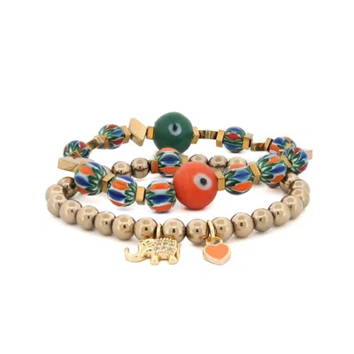 EBRU JEWELRY WOMEN'S GOLD / GREEN / RED ELEPHANT & HEART CHARM DESIGN AFRICAN BEADED PROTECTION BRACELET SET - MU