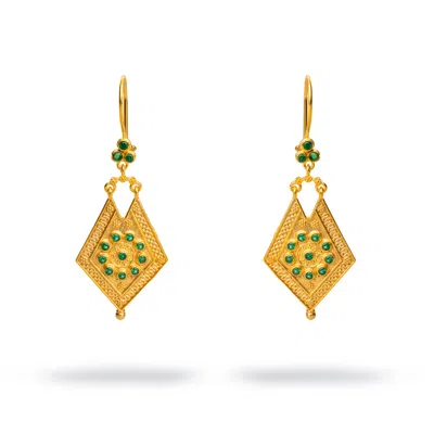 EBRU JEWELRY WOMEN'S GOLD / GREEN VINTAGE STYLE GOLD & EMERALD DESIGN DANGLE EARRINGS - GREEN
