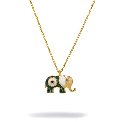 EBRU JEWELRY WOMEN'S GOLD / GREEN / WHITE WISHFUL ELEPHANT & EVIL EYE GREEN ENAMEL PENDANT GOLD CHAIN NECKLACE - 