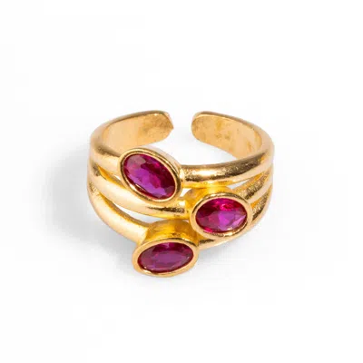 EBRU JEWELRY WOMEN'S GOLD / PINK TRIO RUBY GEMSTONE & GOLD STYLISH ADJUSTABLE COCKTAIL RING - PINK
