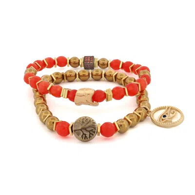 EBRU JEWELRY WOMEN'S GOLD / RED CARNELIAN STONE BEADED RA & ELEPHANT CHARM BRACELET SET - RED