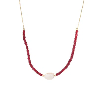 EBRU JEWELRY WOMEN'S GOLD / RED RUBY ELEGANCE PEARL CHOKER GOLD NECKLACE - RED