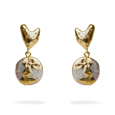 EBRU JEWELRY WOMEN'S GOLD / WHITE LOVE GOLD MELTED & DIAMOND HEART STUD PEARL DROP EARRINGS - GOLD