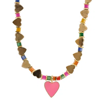 EBRU JEWELRY WOMEN'S GOLD / PINK PINK HEART PENDANT GOLD HEART BEADED COLORFUL NECKLACE - PINK