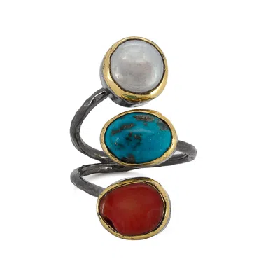 EBRU JEWELRY WOMEN'S BLUE / RED / SILVER TRIPLE GEMSTONE STERLING SILVER RING - BLUE -