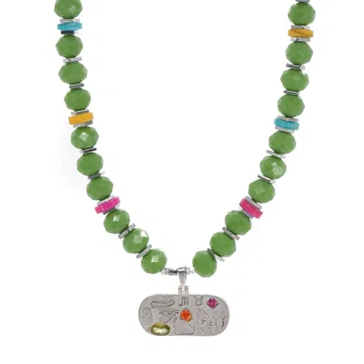 EBRU JEWELRY WOMEN'S GREEN / RED / SILVER SACRED SYMBOLS PENDANT COLORFUL PROTECTION CHOKER NECKLACE - GREEN