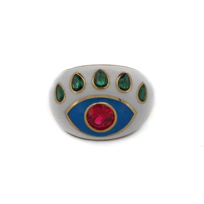 EBRU JEWELRY WOMEN'S YELLOW / BLUE / WHITE GUARDIAN RUBY & EMERALD EVIL EYE WHITE ENAMEL ADJUSTABLE RING - WHITE