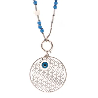 EBRU JEWELRY WOMEN'S WHITE / SILVER / BLUE FLOWER OF LIFE NECKLACE - BLUE