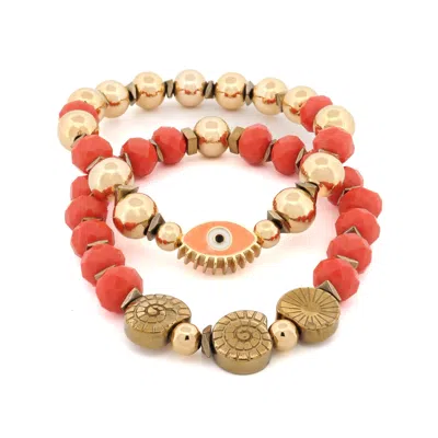 EBRU JEWELRY WOMEN'S GOLD / RED / PINK EVIL EYE & SHELL SYMBOL GOLD BEADED PROTECTION BRACELET SET - GOLD