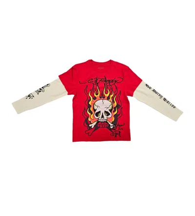 ED HARDY ED HARDY MEN'S FLAME SKULL HANG DOWN THERMAL TEE IN CHERRY