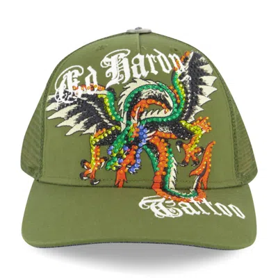 ED HARDY MEN'S RHINESTONE DRAGON WINGS HAT IN OLIVE