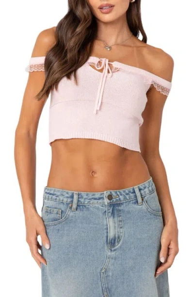 EDIKTED EDIKTED LACE TRIM OFF THE SHOULDER KNIT COTTON CROP TOP